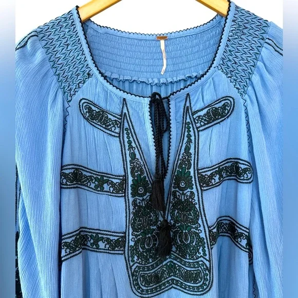 Free People Wind Willow Embroidered V-Neck Mini Dress in Blue - Picture 6 of 10
